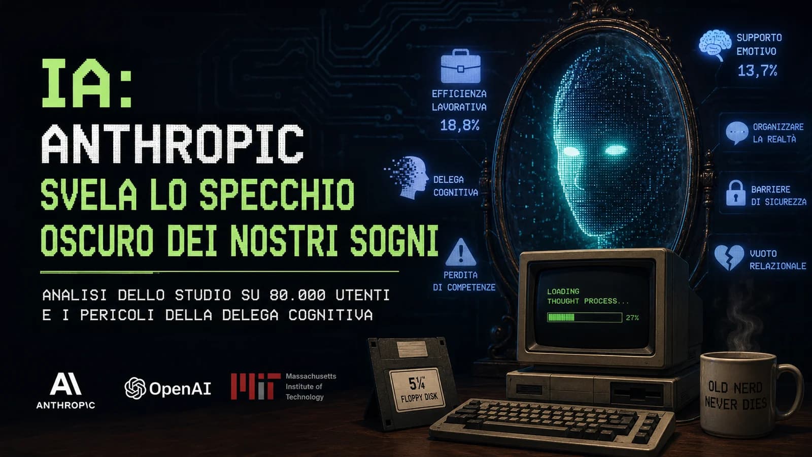 Illustrazione di una figura digitale e computer sullo studio Anthropic dei modelli di IA.