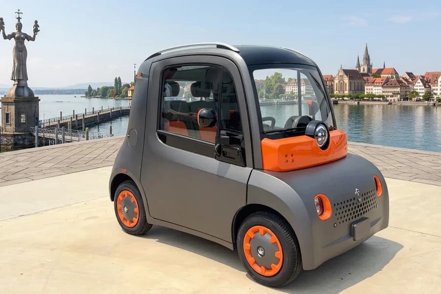 Microcar Astraux grigia a due posti parcheggiata vicino a un lungomare cittadino.