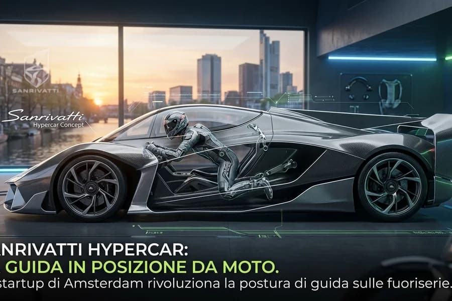Render di un'auto sportiva Sanrivatti con abitacolo centrale e posizione di guida da moto.