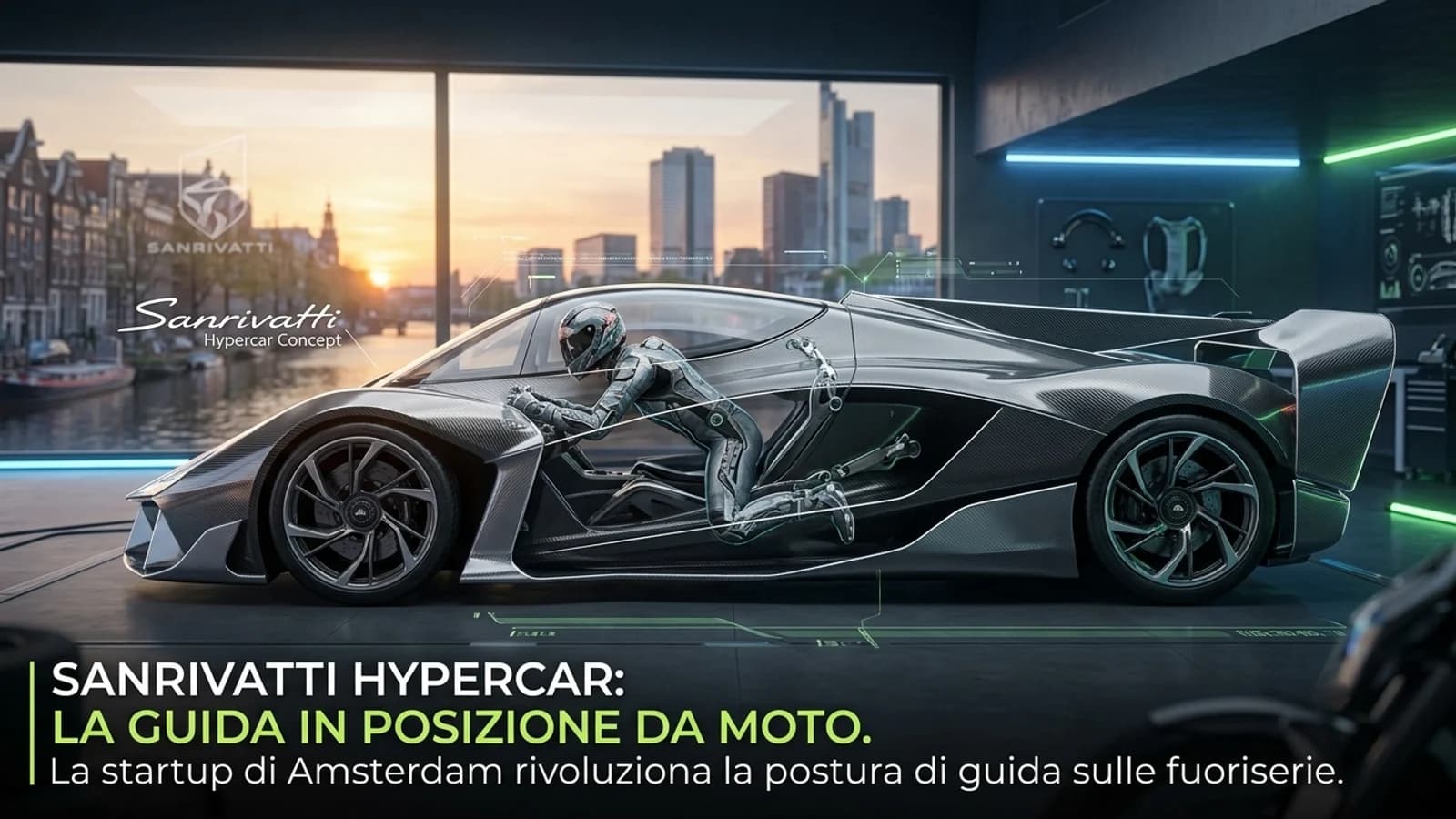 Render di un'auto sportiva Sanrivatti con abitacolo centrale e posizione di guida da moto.
