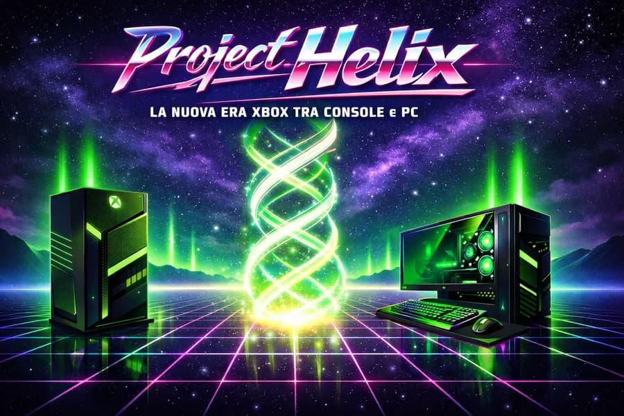 Illustrazione di Project Helix con due console Xbox e un simbolo luminoso al centro.