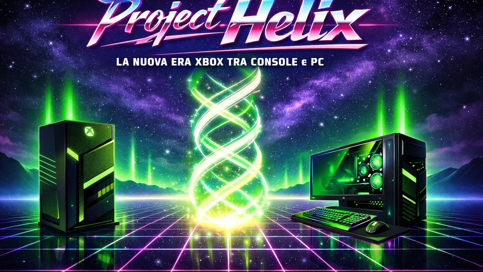 Illustrazione di Project Helix con due console Xbox e un simbolo luminoso al centro.