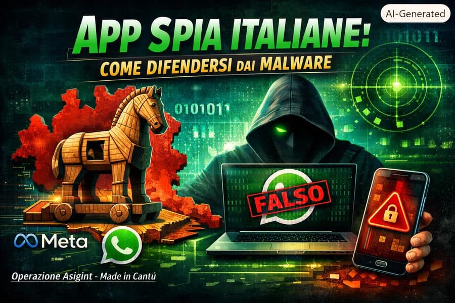 Illustrazione di un telefono e di una falsa applicazione WhatsApp associata a un rischio malware.