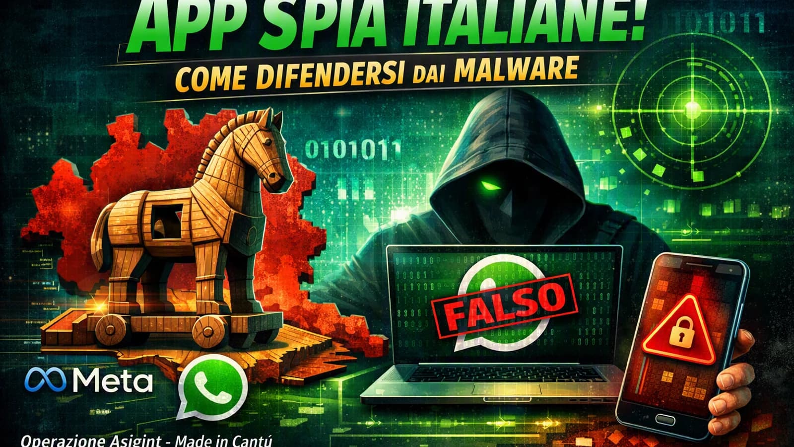 Illustrazione di un telefono e di una falsa applicazione WhatsApp associata a un rischio malware.