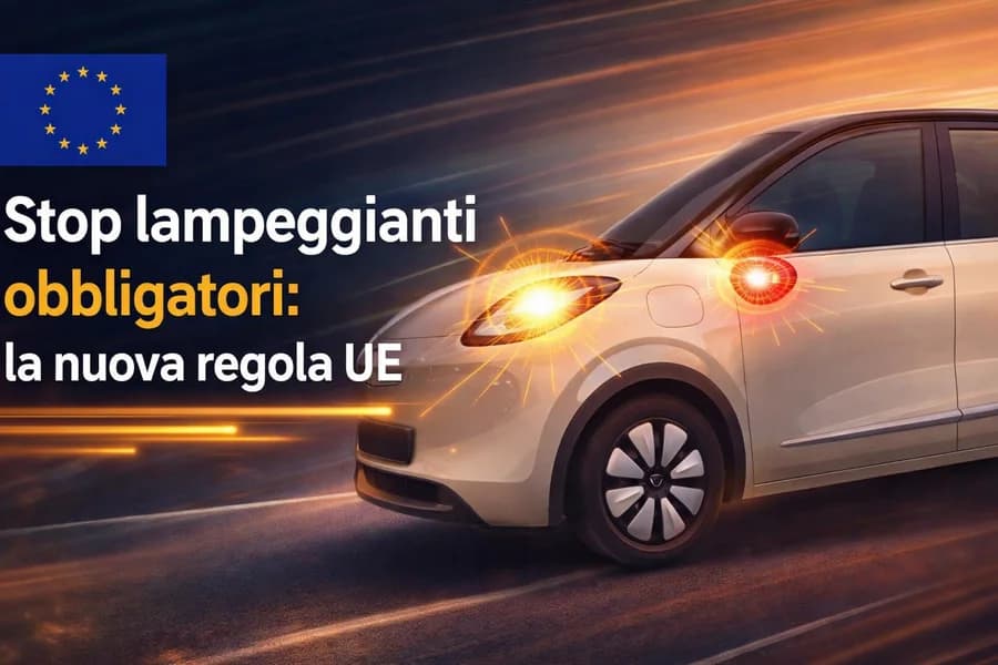Automobile bianca con indicatori di direzione accesi in una grafica sulle regole europee.