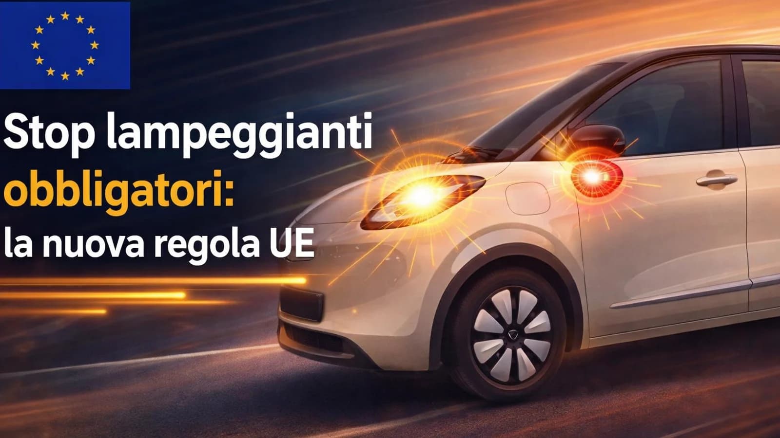 Automobile bianca con indicatori di direzione accesi in una grafica sulle regole europee.