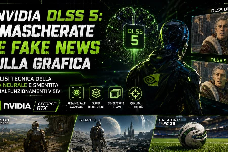 Infografica NVIDIA DLSS 5 con personaggi di videogiochi, scheda grafica e indicazioni di fake news.