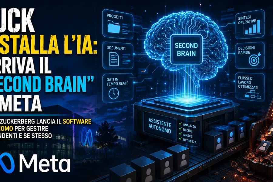Grafica dedicata al Second Brain di Meta con un cervello artificiale e sistemi di IA.