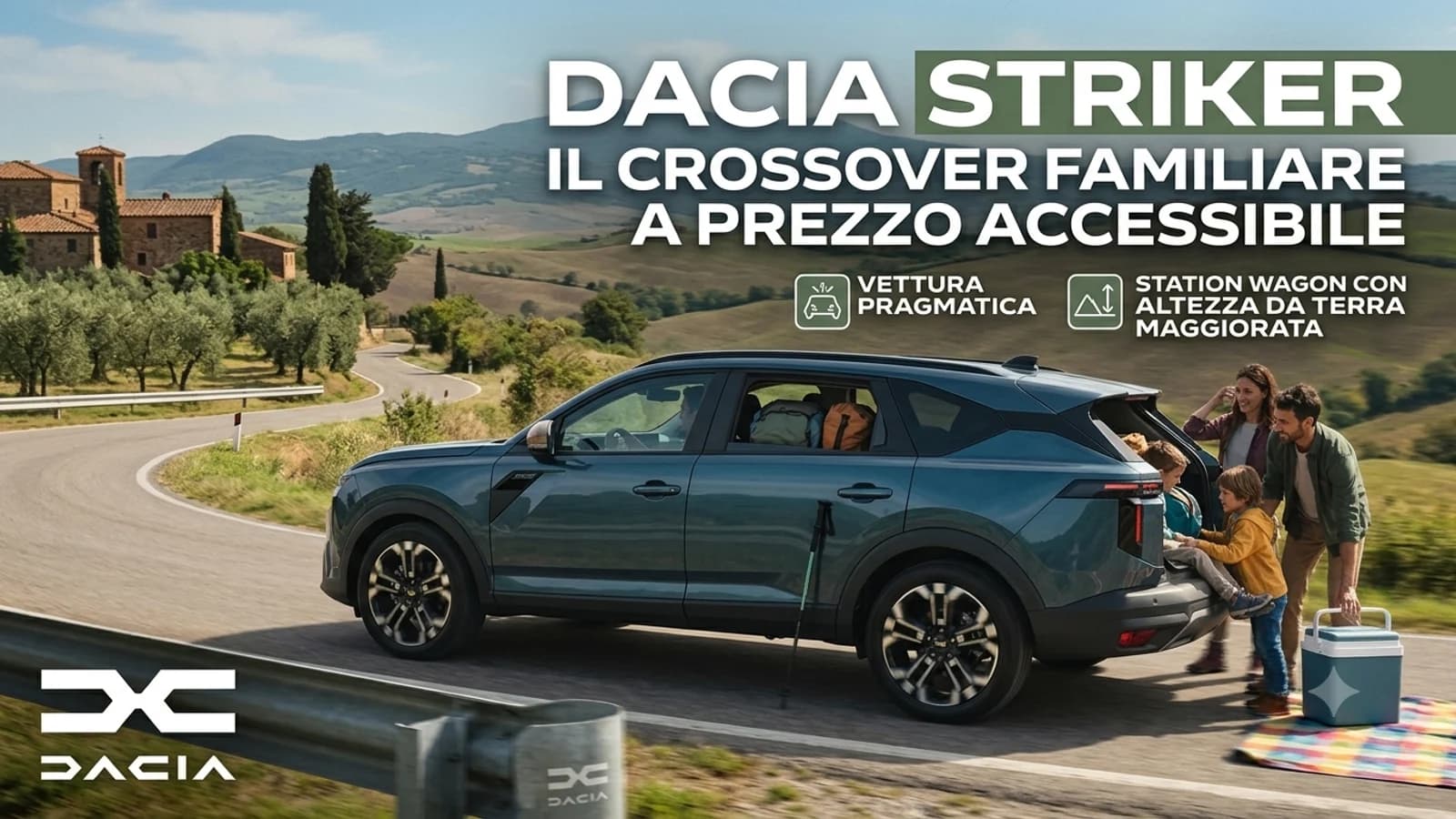 SUV Dacia Striker blu scuro parcheggiato in un paesaggio naturale, con informazioni sul modello.