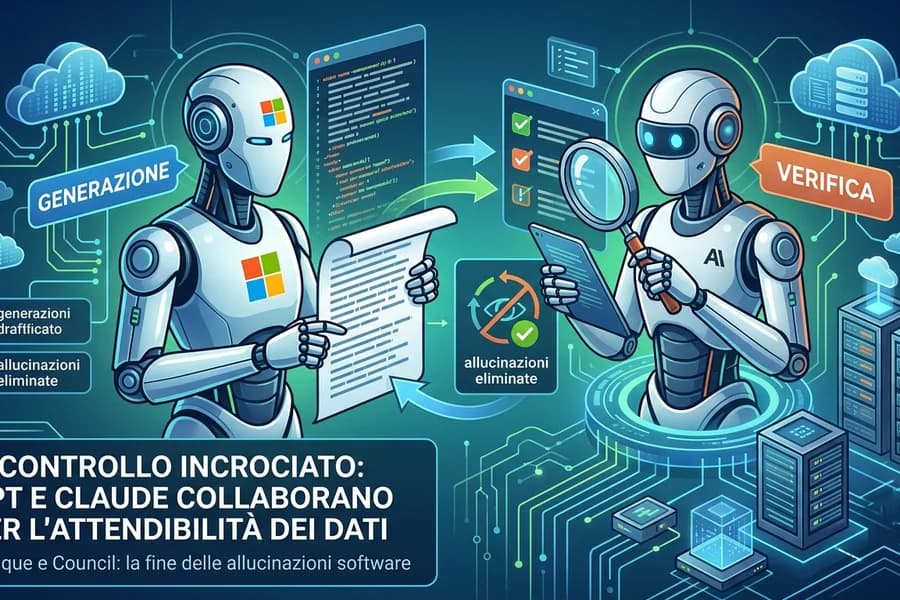 Illustrazione di due agenti IA che collaborano su documenti e schermi Microsoft.