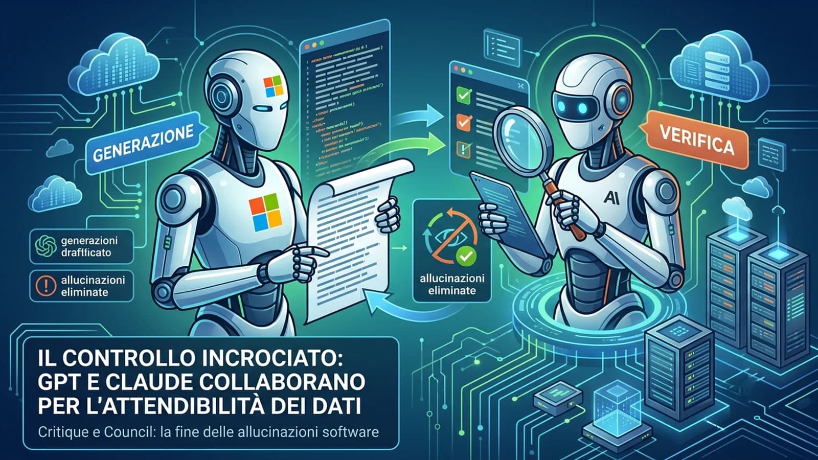 Illustrazione di due agenti IA che collaborano su documenti e schermi Microsoft.