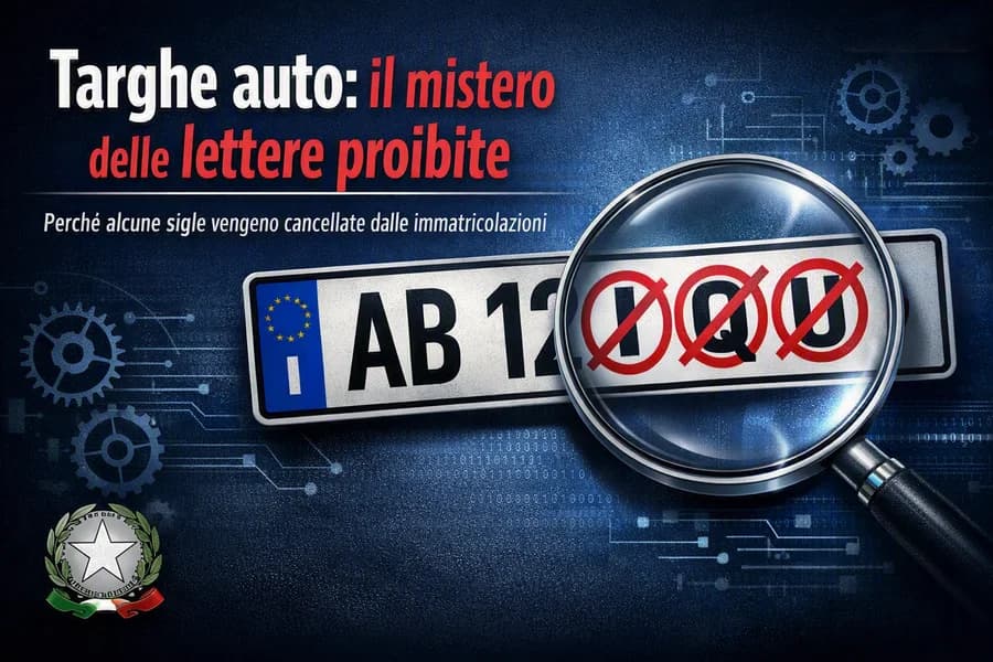 Targa automobilistica ingrandita con lettere barrate e lente di ingrandimento.