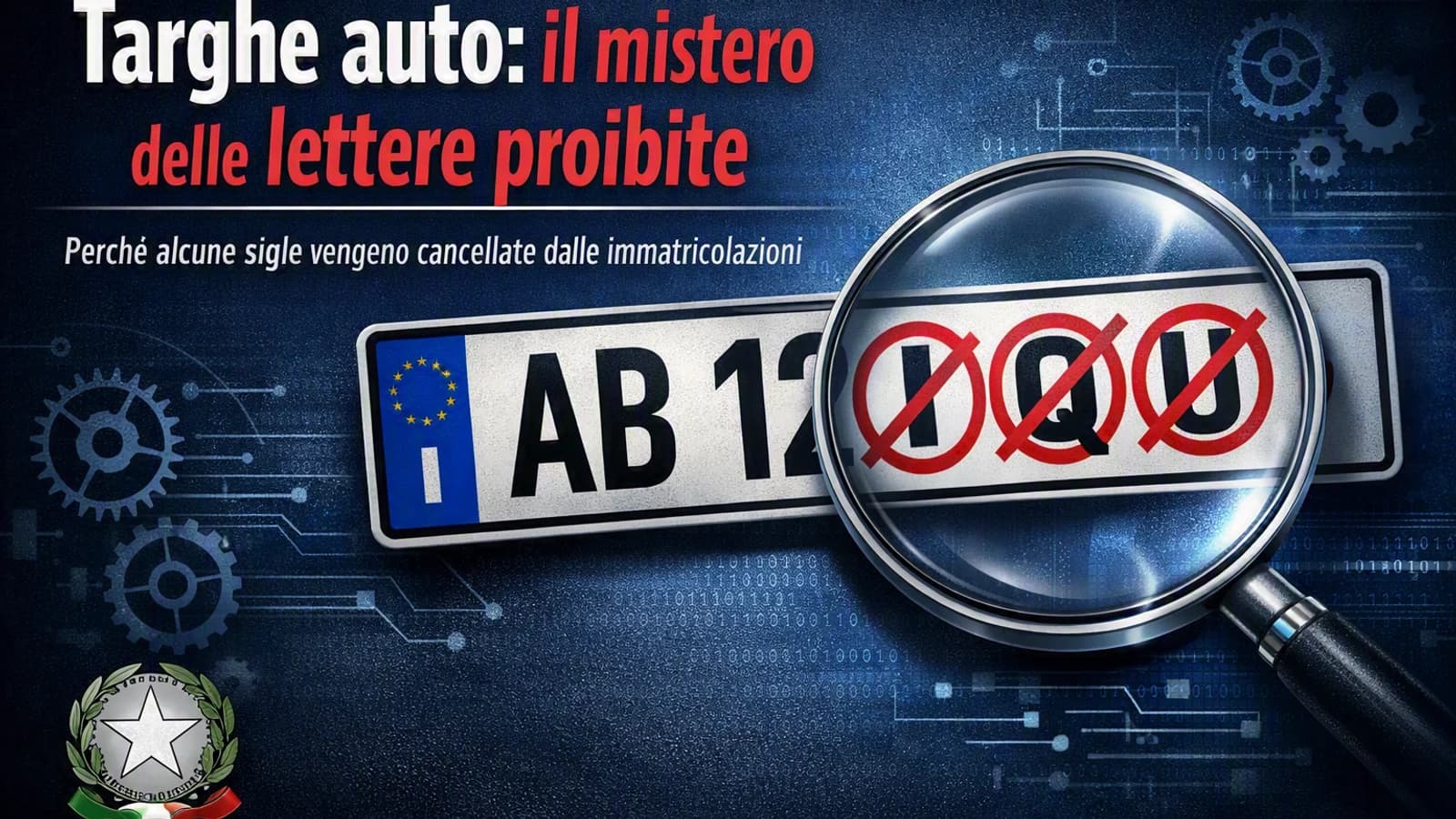 Targa automobilistica ingrandita con lettere barrate e lente di ingrandimento.