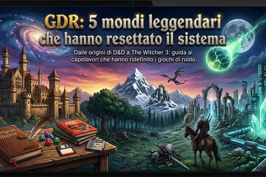 Illustrazione fantasy di un villaggio, personaggi e creature in una guida ai mondi dei GDR.
