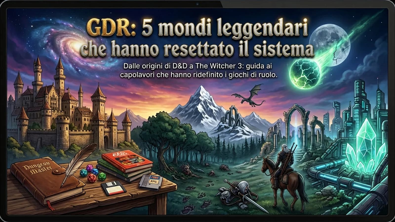 Illustrazione fantasy di un villaggio, personaggi e creature in una guida ai mondi dei GDR.