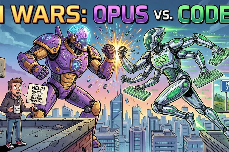 Illustrazione colorata di due robot in uno scontro grafico tra Anthropic Opus e Codex.