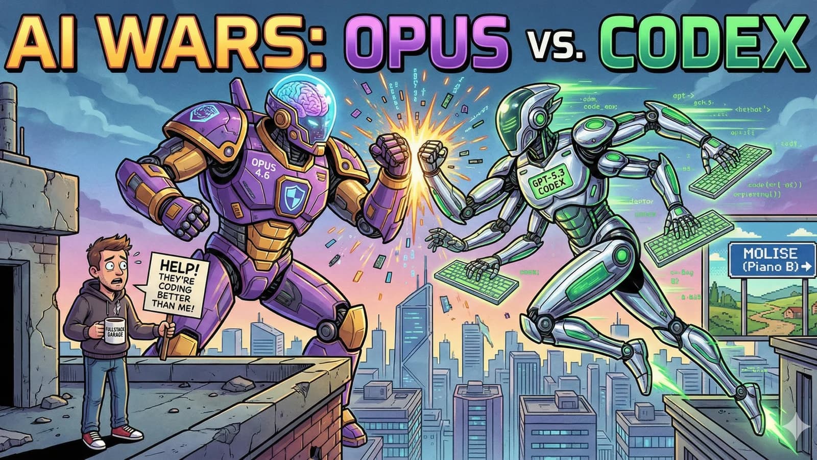Illustrazione colorata di due robot in uno scontro grafico tra Anthropic Opus e Codex.