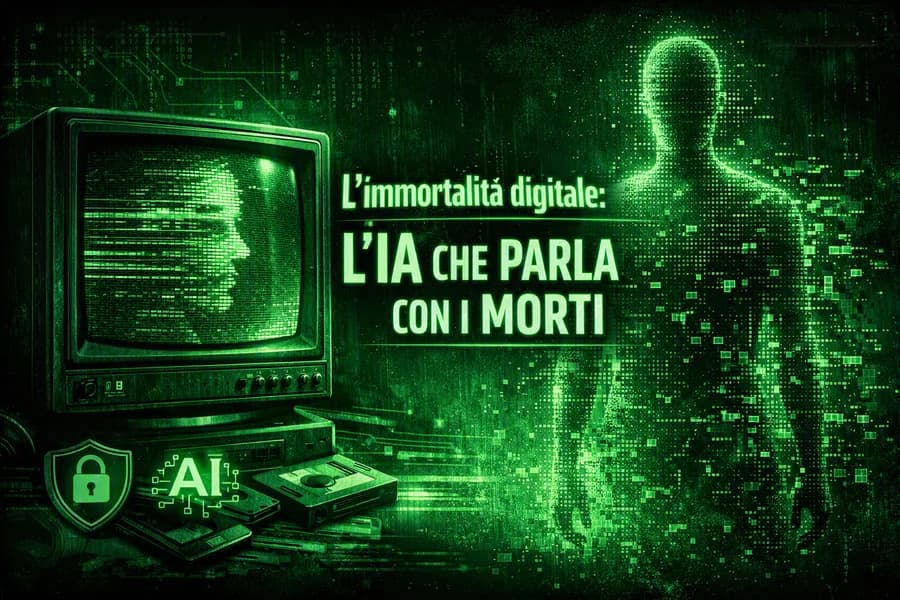 Schermo verde di un computer d'epoca in una grafica sull'immortalità digitale.