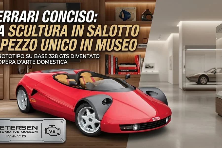 Ferrari Conciso rossa dal design futuristico in un contesto espositivo e museale.