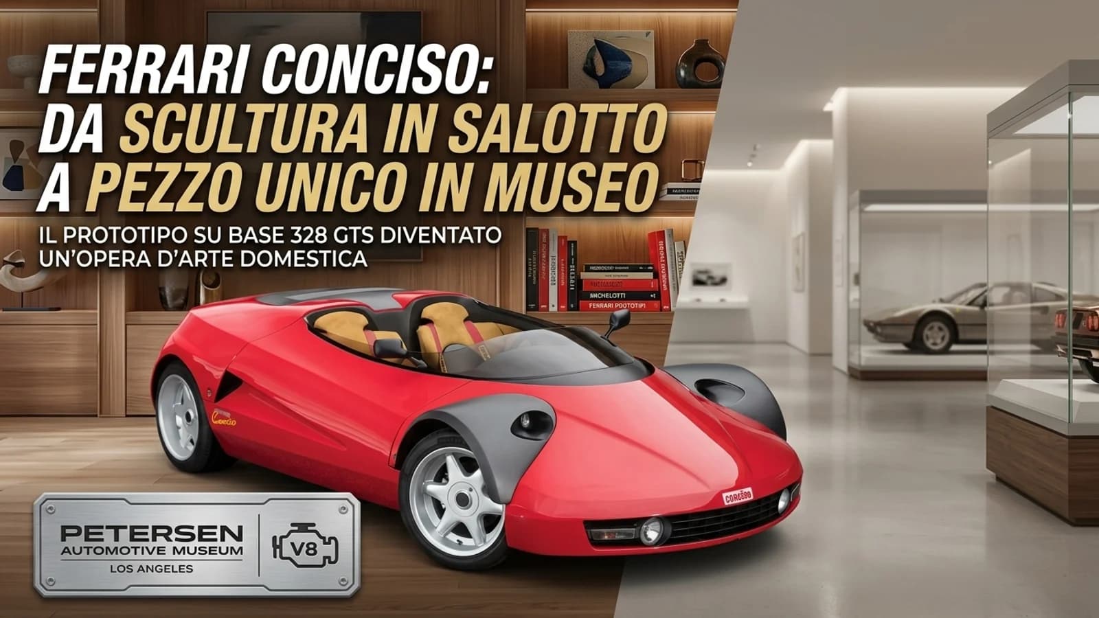 Ferrari Conciso rossa dal design futuristico in un contesto espositivo e museale.