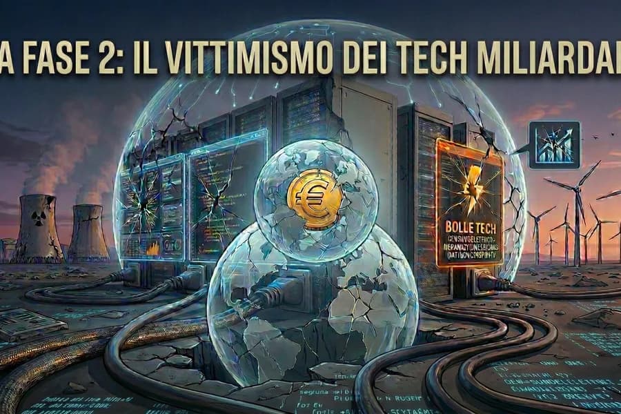 Illustrazione di un dirigente tecnologico sotto una campana di vetro in una grafica critica sull'IA.