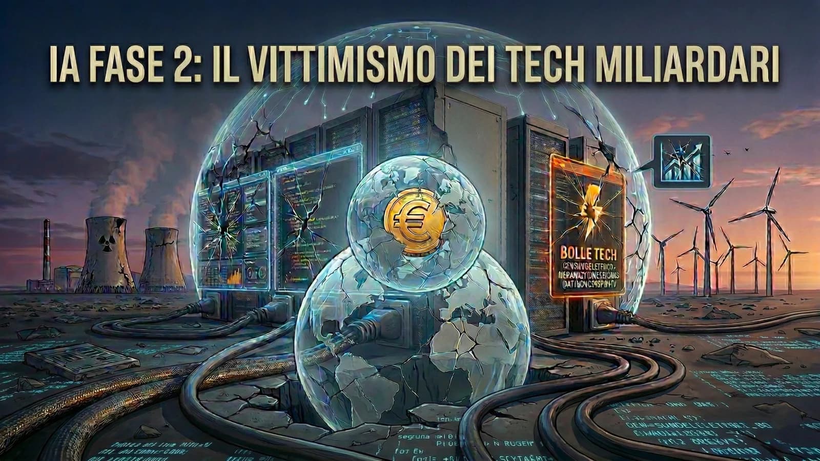 Illustrazione di un dirigente tecnologico sotto una campana di vetro in una grafica critica sull'IA.