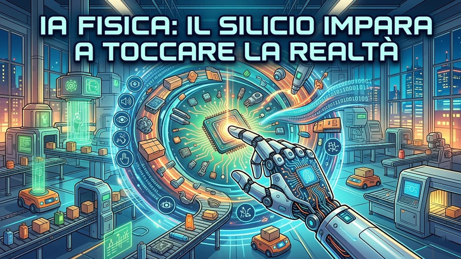 Robotica e oggetti fisici in un laboratorio futuristico dedicato alle applicazioni dell'IA.