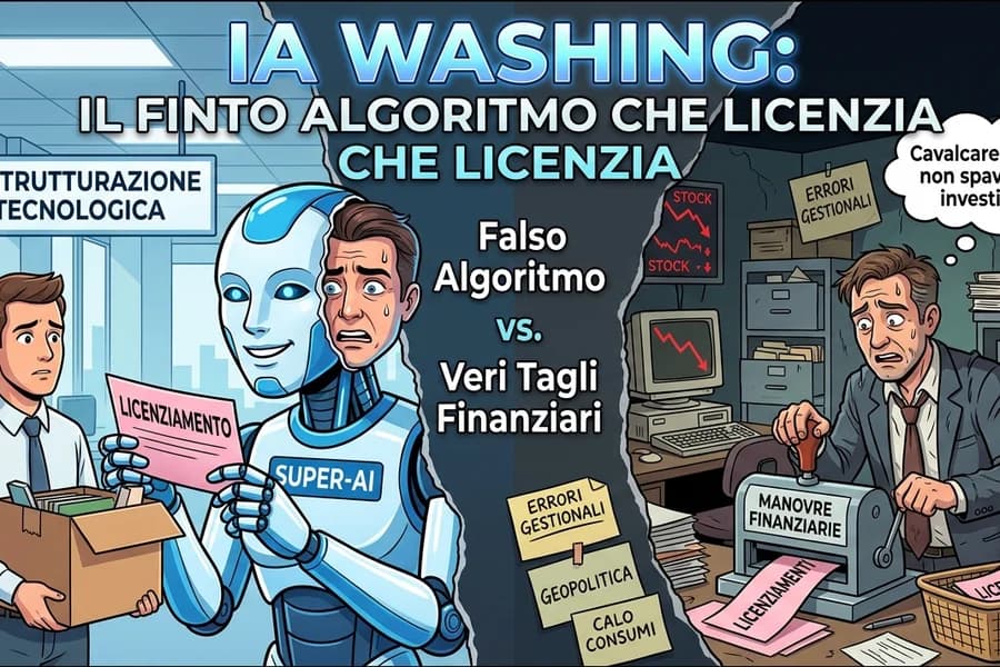 Illustrazione di manager e impiegati alle prese con algoritmi utilizzati come giustificazione dei licenziamenti.
