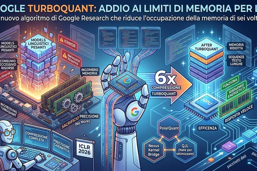Infografica Google TurboQuant con chip e cubi digitali che rappresentano la compressione della memoria IA.