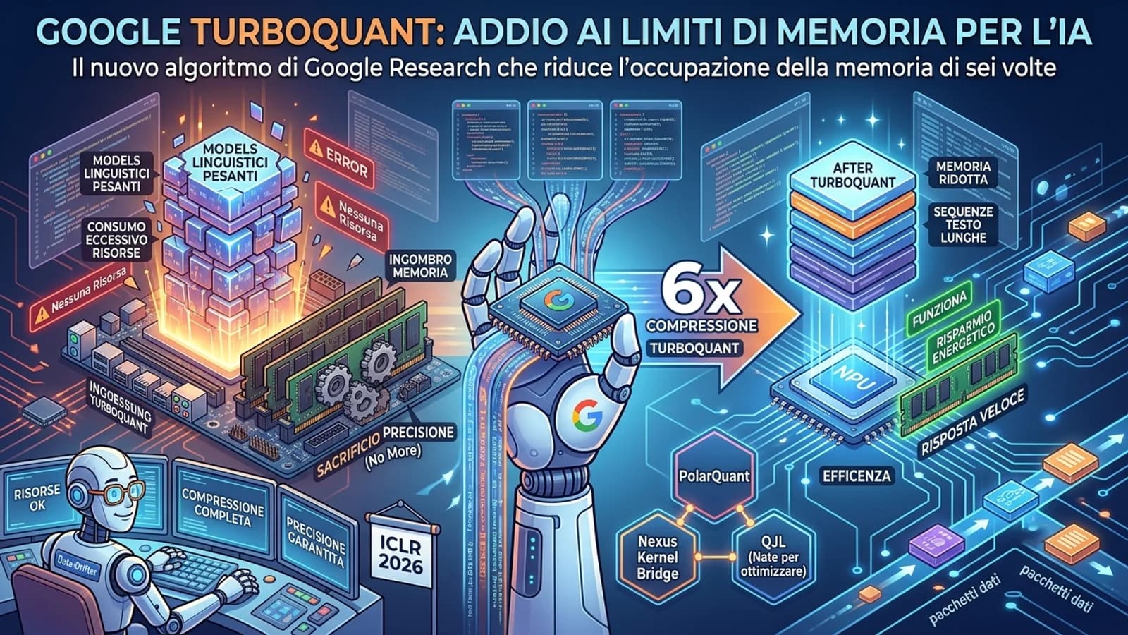 Infografica Google TurboQuant con chip e cubi digitali che rappresentano la compressione della memoria IA.