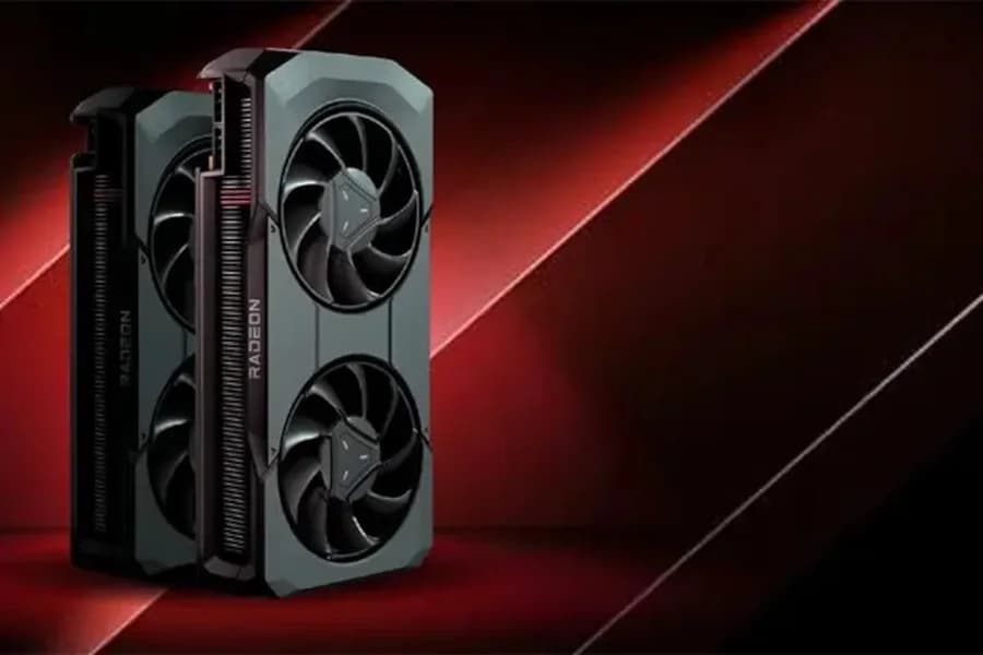 Scheda grafica rossa e nera con due ventole su uno sfondo scuro, dedicata ai prezzi delle GPU.