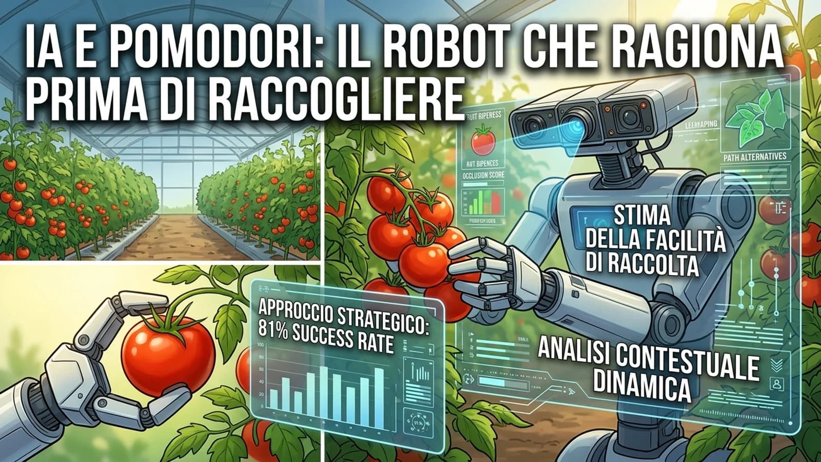 Robot agricolo con telecamere e braccio meccanico mentre analizza pomodori in serra.