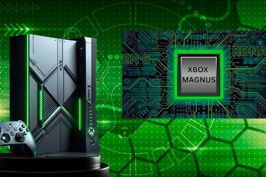 Render di una console Xbox ipotetica con chip Magnus e controller su fondo verde.