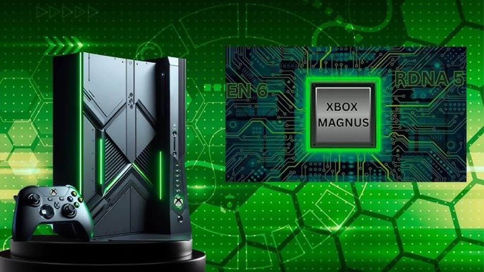 Render di una console Xbox ipotetica con chip Magnus e controller su fondo verde.