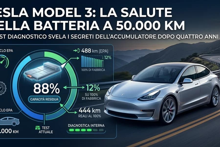 Tesla Model 3 grigia in una grafica sulla salute della batteria dopo 50.000 chilometri.