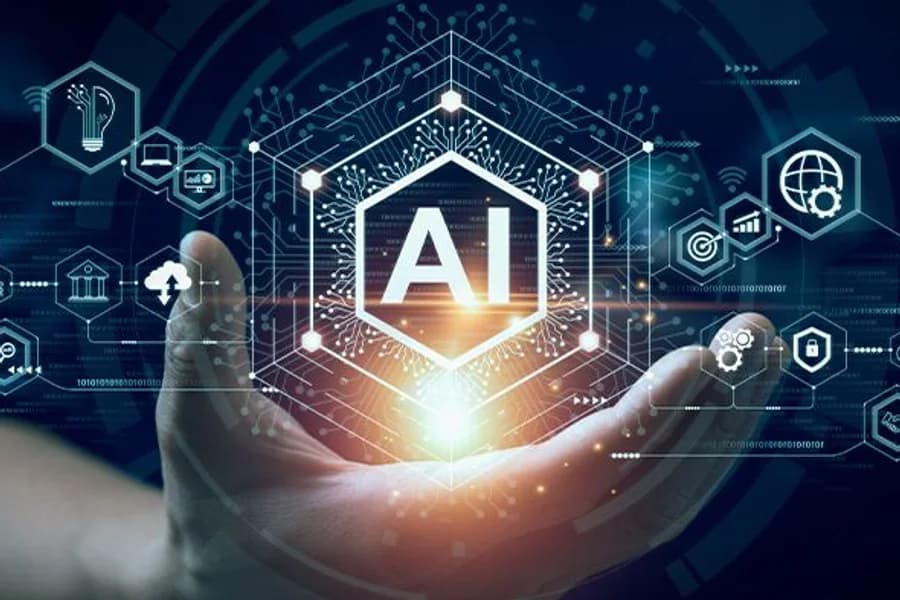 Icona luminosa di intelligenza artificiale su smartphone con simboli di privacy e archivio.