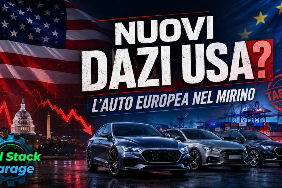 Grafica con bandiera americana, auto europee e richiami ai nuovi dazi sulle importazioni.