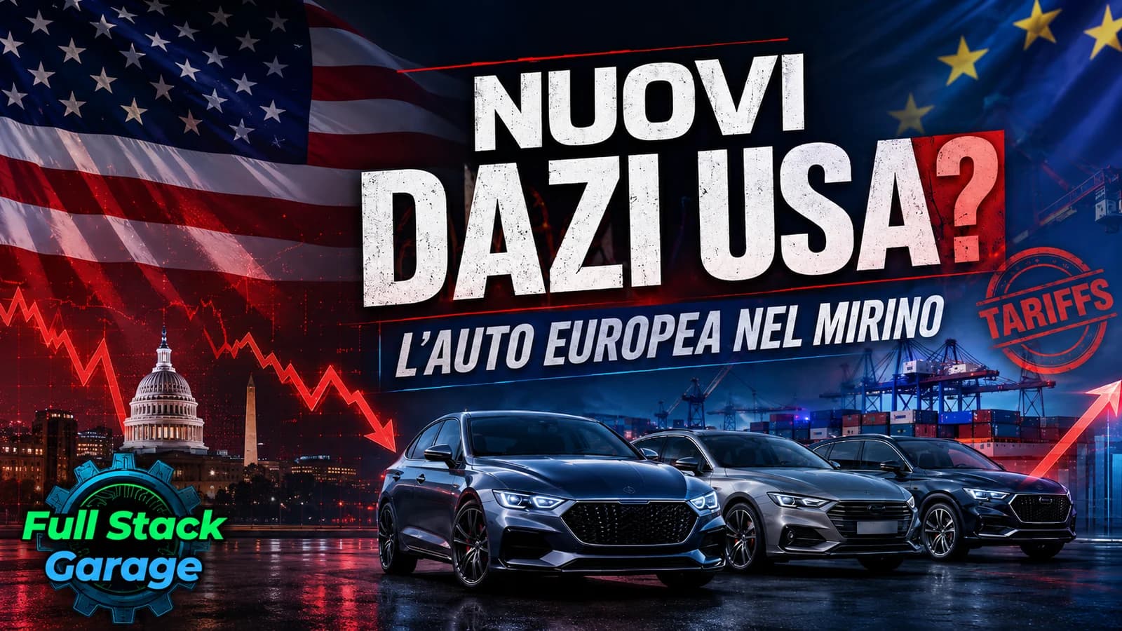 Grafica con bandiera americana, auto europee e richiami ai nuovi dazi sulle importazioni.