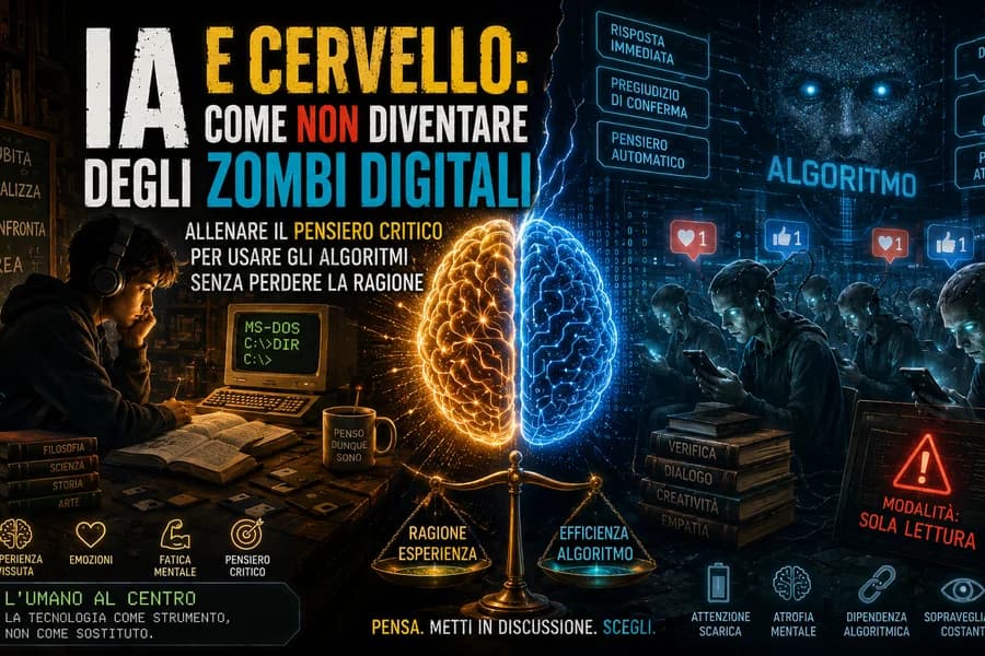 Illustrazione di un cervello luminoso e strumenti digitali sul rapporto tra IA e attenzione.