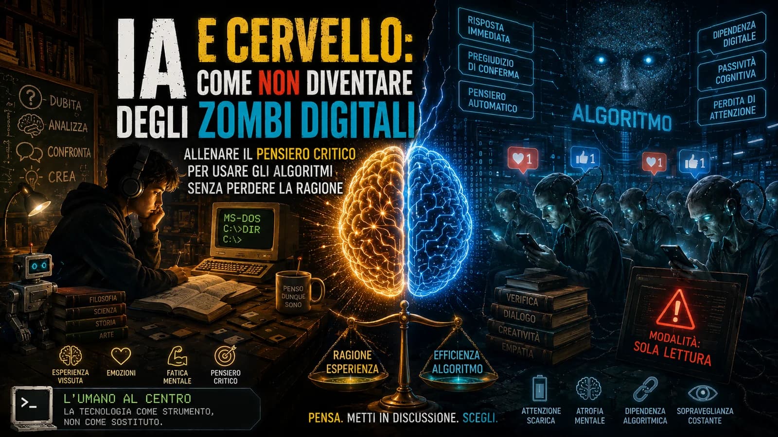 Illustrazione di un cervello luminoso e strumenti digitali sul rapporto tra IA e attenzione.