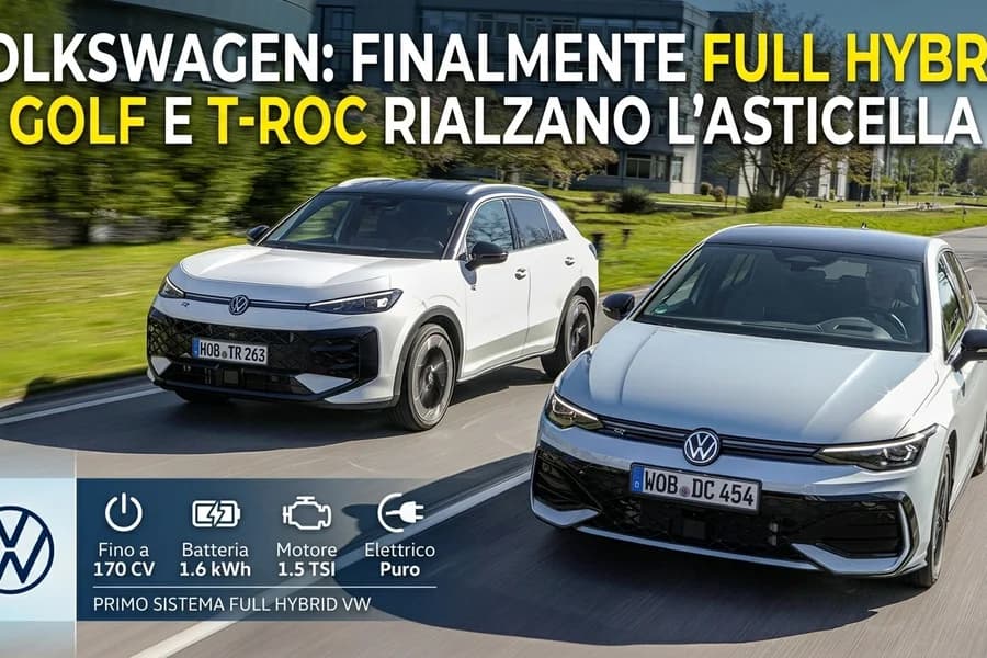 Volkswagen Golf bianca e T-Roc grigia nella grafica della nuova tecnologia full hybrid.