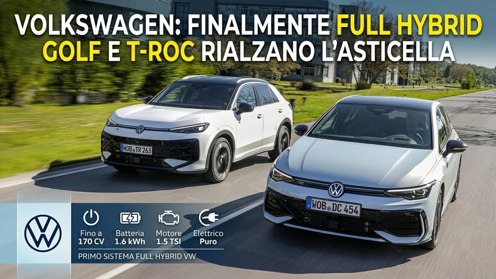 Volkswagen Golf bianca e T-Roc grigia nella grafica della nuova tecnologia full hybrid.