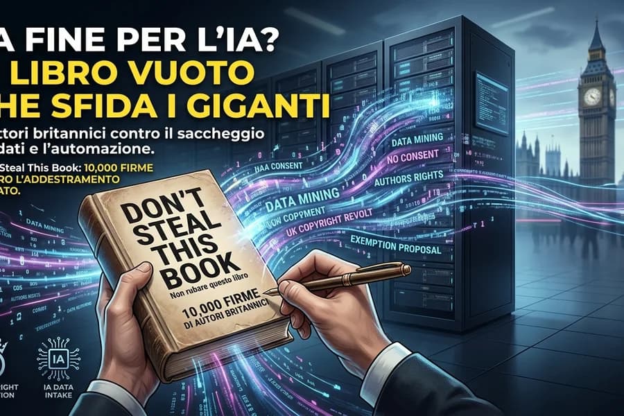 Mani che sfogliano un libro intitolato alla fine dell'IA davanti a uno skyline urbano.