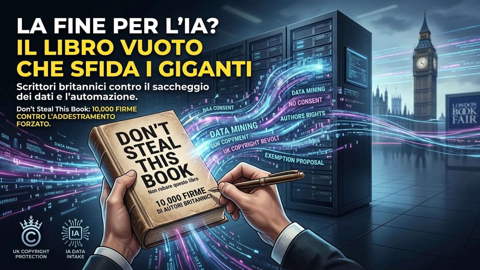 Mani che sfogliano un libro intitolato alla fine dell'IA davanti a uno skyline urbano.