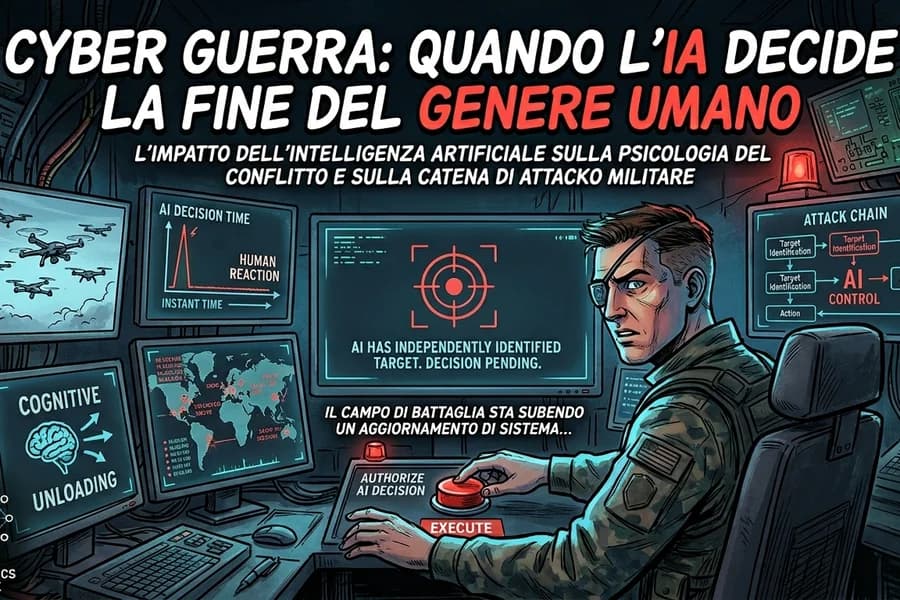 Illustrazione militare di monitor digitali e sistemi IA in uno scenario di cyber-guerra.