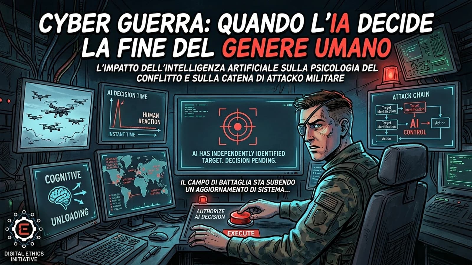 Illustrazione militare di monitor digitali e sistemi IA in uno scenario di cyber-guerra.
