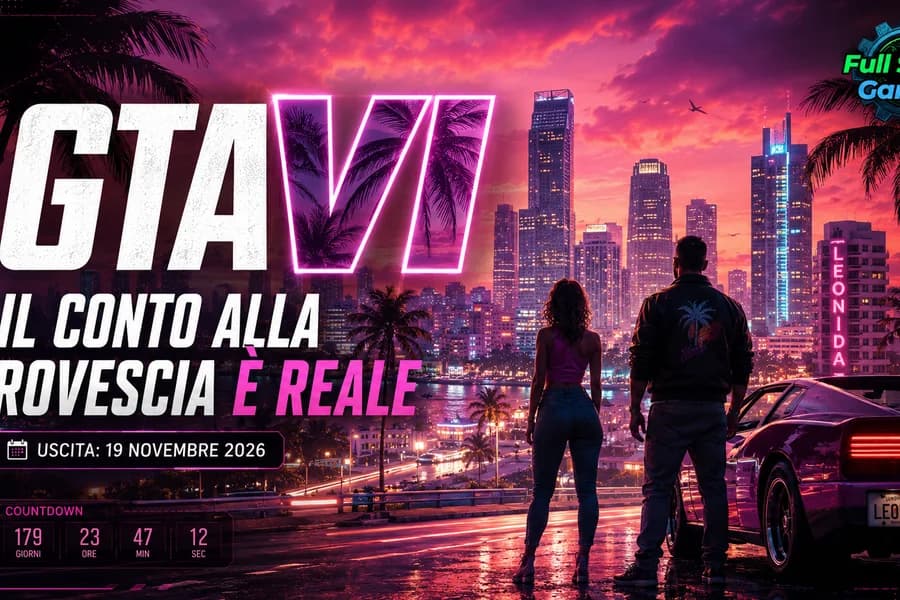Copertina del videogioco GTA VI con protagonisti in controluce davanti a uno skyline al tramonto.