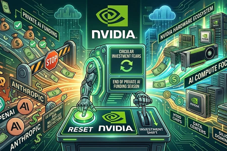 Infografica NVIDIA con chip, banconote e simboli relativi agli investimenti nell'IA.