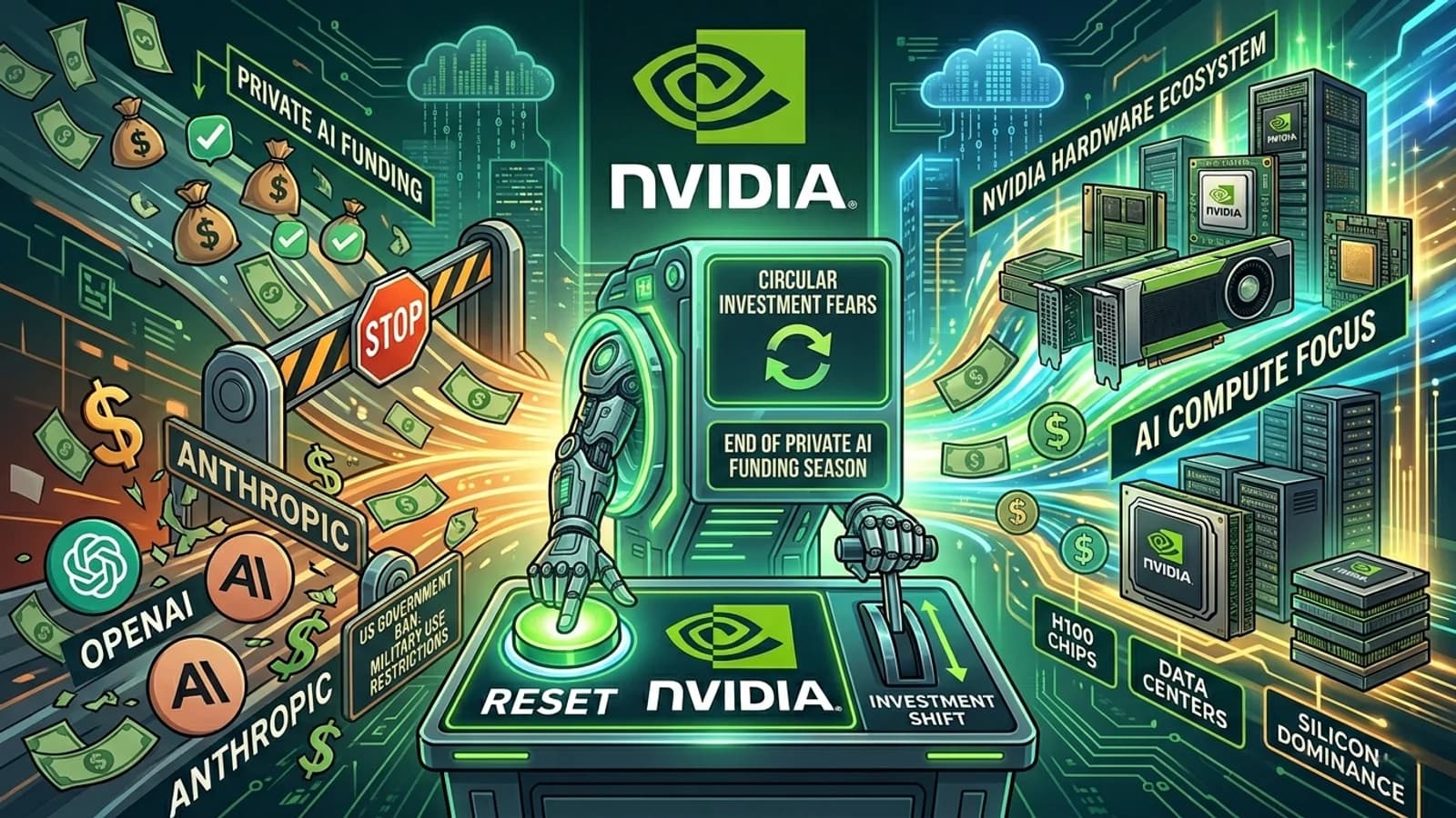 Infografica NVIDIA con chip, banconote e simboli relativi agli investimenti nell'IA.