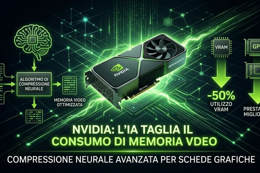 Infografica NVIDIA con scheda grafica e schemi sulla riduzione della memoria video.